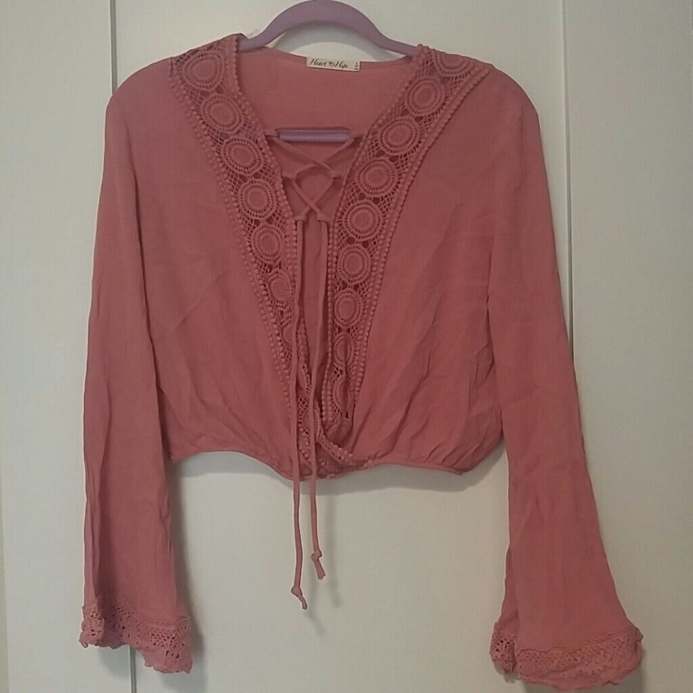 Pink bell sleeve bohemian tie-up blouse